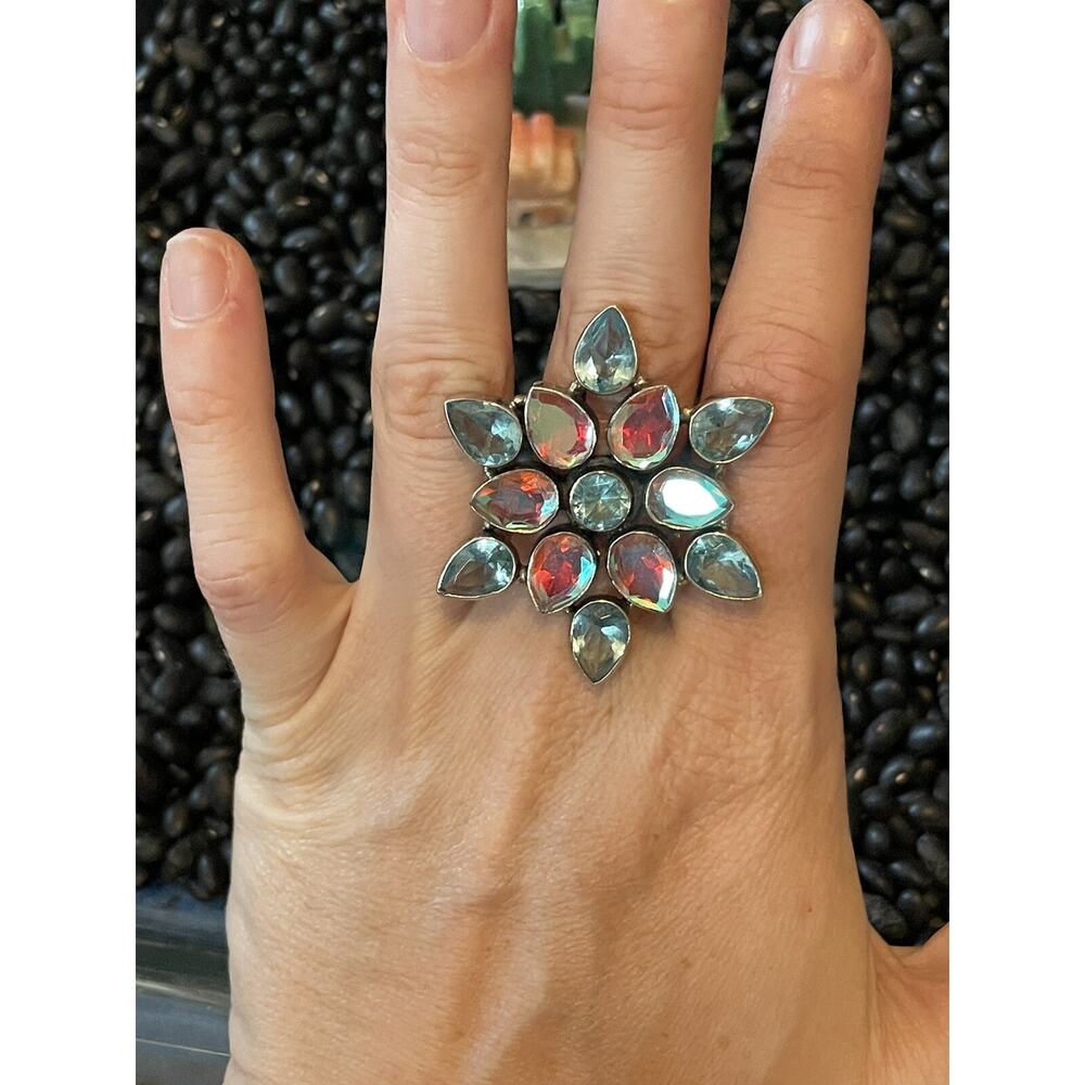 Native Sw Sterling Faceted Multi-stone Blue Green Rainbow Borealis Cluster Ring - Picture 6 of 12
